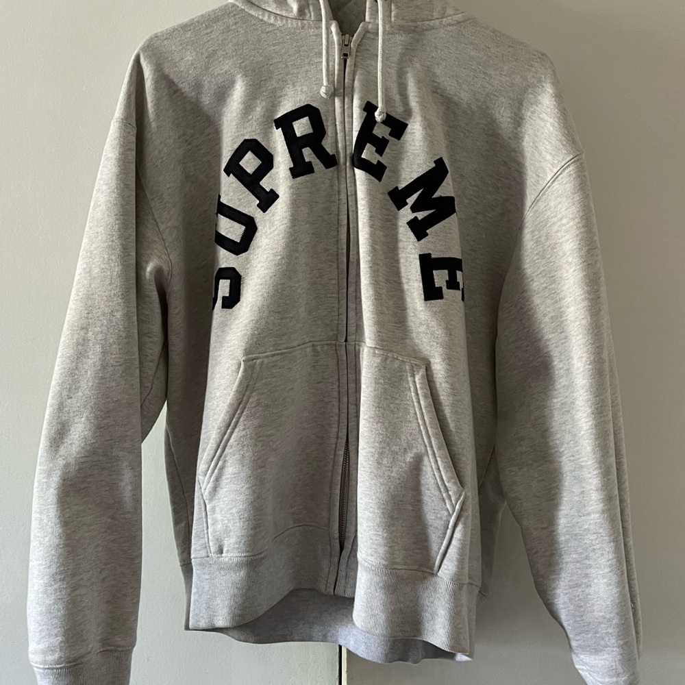 Supreme Gray Zip-Up Sweater with Black Arch Logo